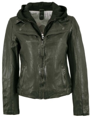 Gipsy Damen Lederjacke Lammnappa Kapuze dark olive