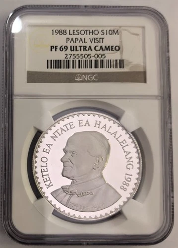 LESOTHO 10 Maloti 1988 Silver NGC PF69 Papal Visit Pope John Paul II
