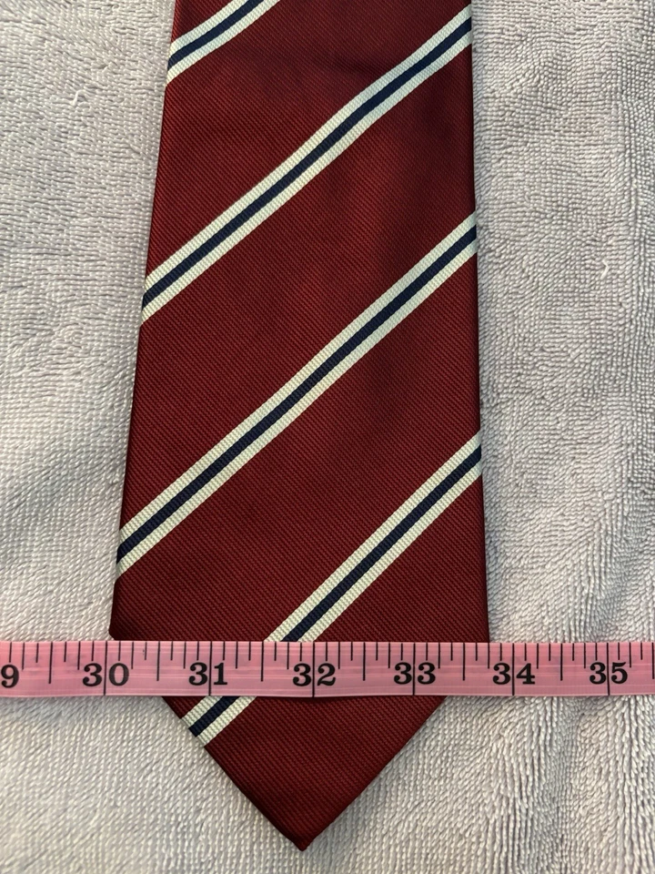 Corbata Lands' End Silk Repp roja nueva sin etiquetas con rayas azul marino y plateado-blancas hecha a mano Italia Foto 4 de 4