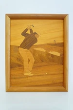Vintage Nelson Wooden Inlay Golf Golfer Golfing Hand Crafted Wood Marquetry