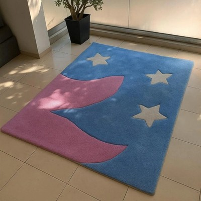 Blau Rosa Stern Handgetuftete Wolle Rechteck Teppich - Moderner Farbblock Ber...