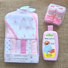 Baby Girl Gift Set Hooded Towel, Washcloths, Booties, Baby Lotion