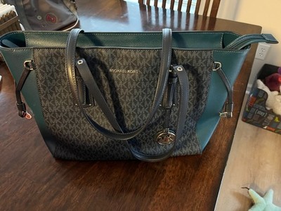 Michael Kors Logo Print Canvas Zip Top Tote Hunter Green/ Black euc