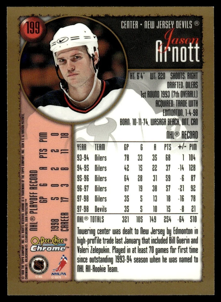 1998-99 O PEE CHEE CHROME Jason Arnott New Jersey Devils #199 - Image 2 of 2