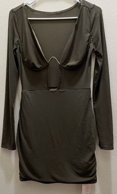 Women s Sheer Plunging NeckLine Wired Bust Mini Dress Sheinbae Size S Olive NWT
