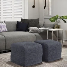Simpli Home Fredrik Boho Square Pouf in Dark Blue Woven Genuine Leather