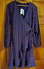 Banana Republic Navy Blue Pink Geometric Print Frill Ruffle Wrap Dress Size 6