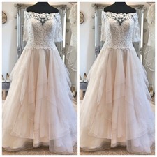Pink Wedding Dresses Off Shoulder Lace Appliques Half Sleeve A Line Bridal Gown