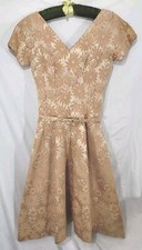 Vtg 1960s Gold Satin Brocade Fit Flare Swing Dress Full Circle Party Handmade
