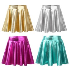 Girls Metallic Pleated Mini Skirt Stretchy Gymnastics Dance Skater Scooter Skirt