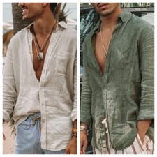 Men Casual Shirt Long Sleeve Cotton Linen Beach T Shirt Lightweight Loose Blouse