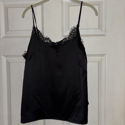 NWT Kaari Blue L Black Lace Trim Camisole Cami Satin Y2K Office Siren Date Night