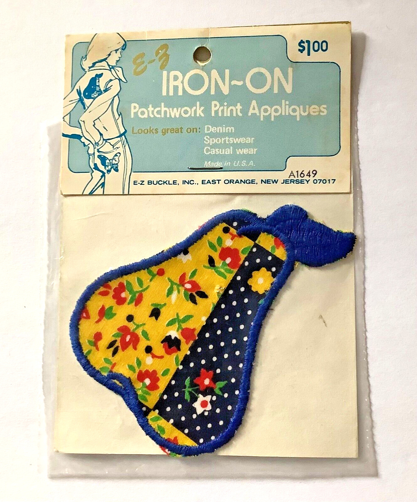 Groovy Patchwork Print Applique Vintage "E-Z" Iron-On Patch Pear Retro Fun