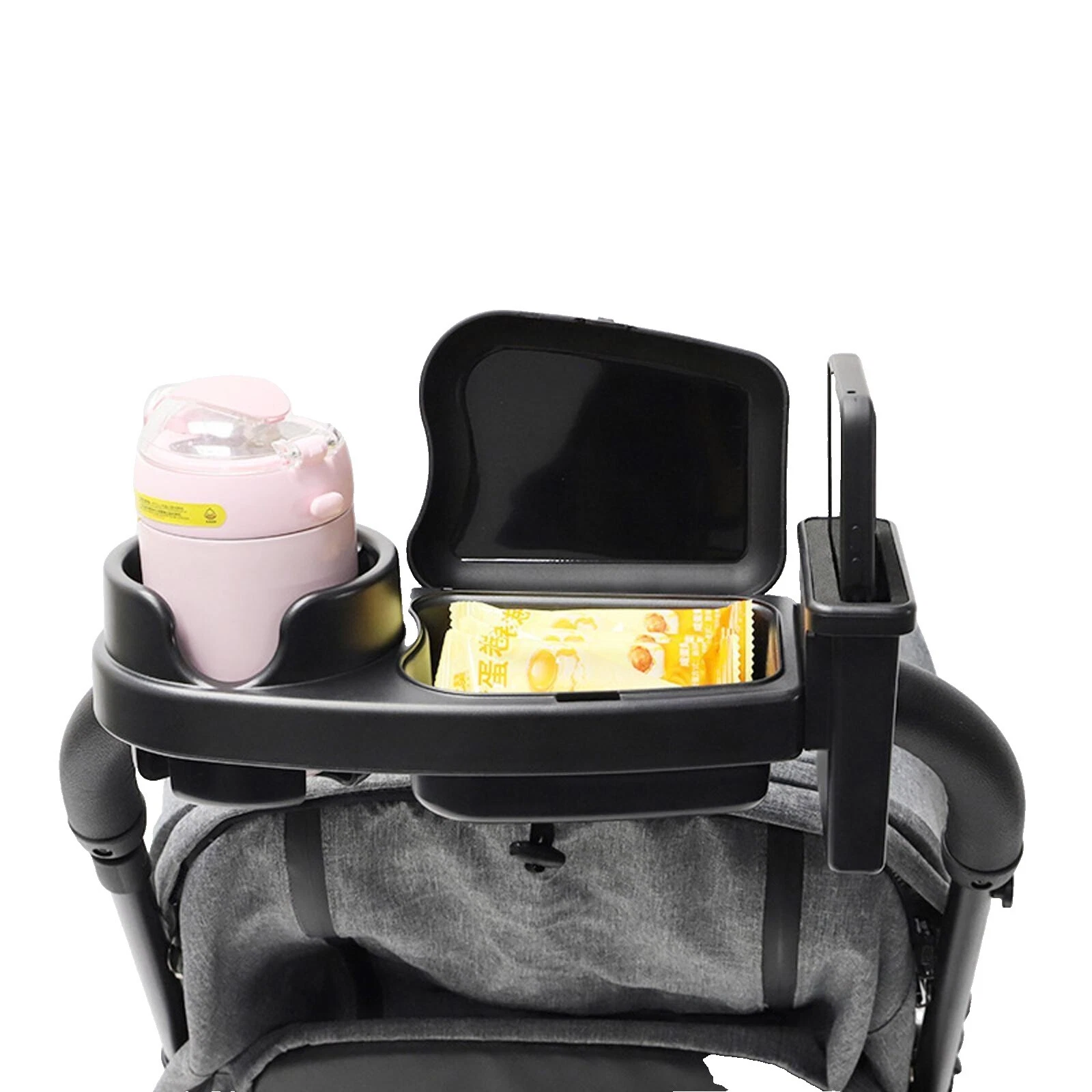 Cochecito infantil negro portavasos y bandejas de aperitivos