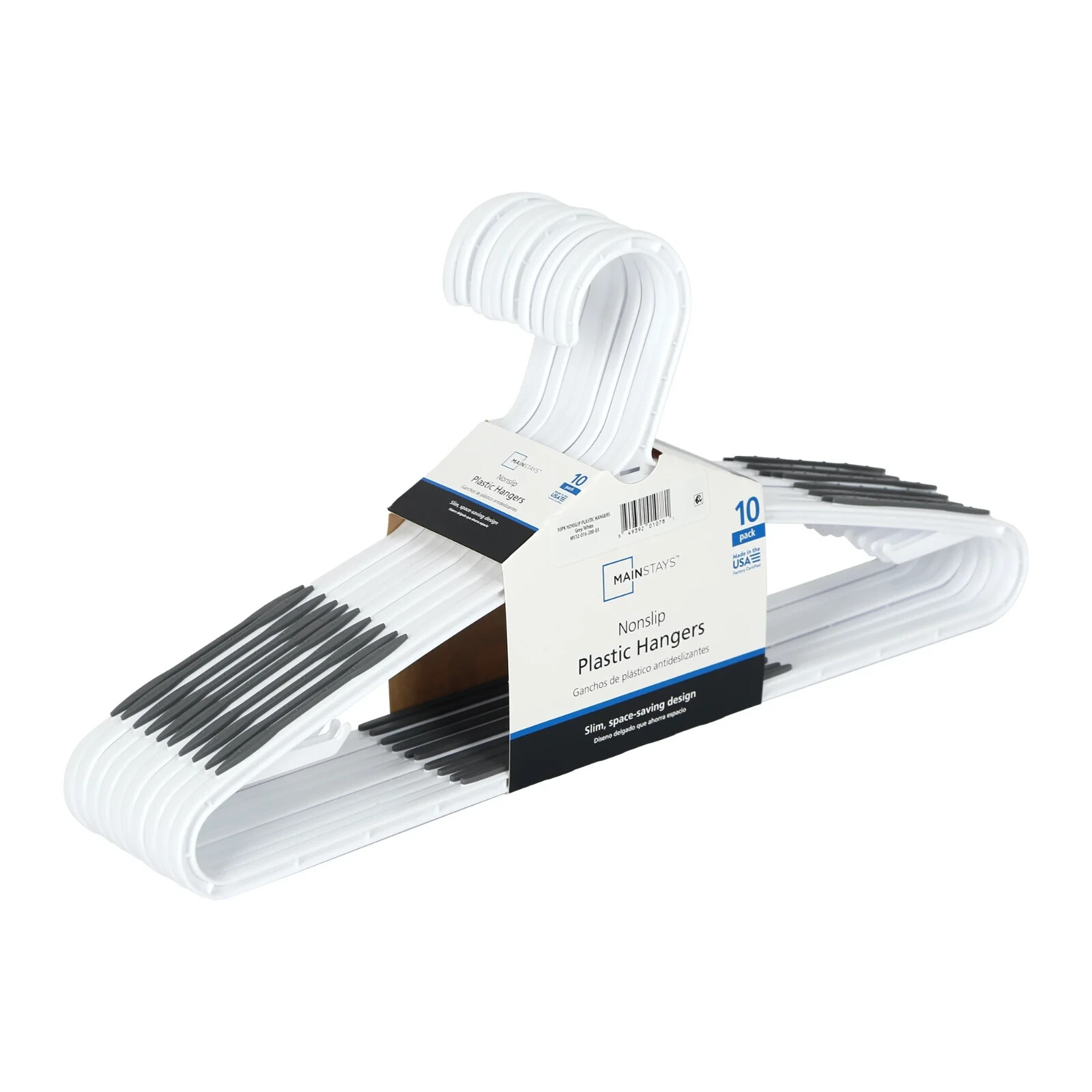 Non-Slip Mainstays Durable Plastic Clothes Hangers 10PK White TPE Strips