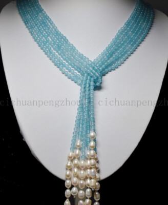 3 Strands 4mm Blue Aquamarine 7-8mm White Baroque Pearl Beads Long Necklace 50''