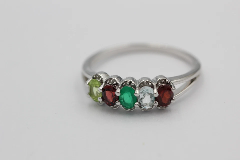 Anello In Edelseltin 925 Argento Onice Granato Ametista Peridoto Gr 8 / 18 / 57 - Immagine 4 di 4