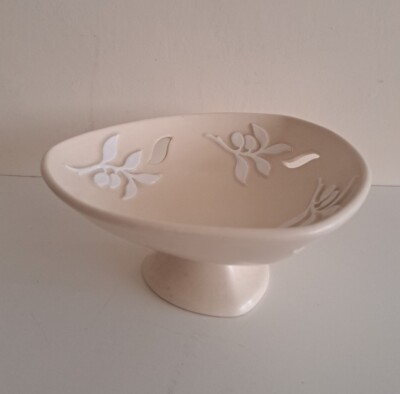 Beige & Weiß Keramik Fuß Schleife Schale Vintage 80er Display Süßigkeiten Obst 20x9cm