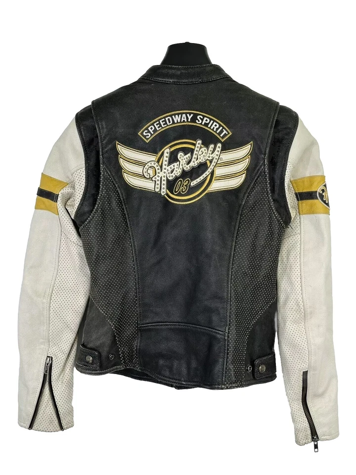 Chaqueta de carrera Harley Davidson de cuero envejecido perforado talla XS Speedway 1903 Foto 2 de 4
