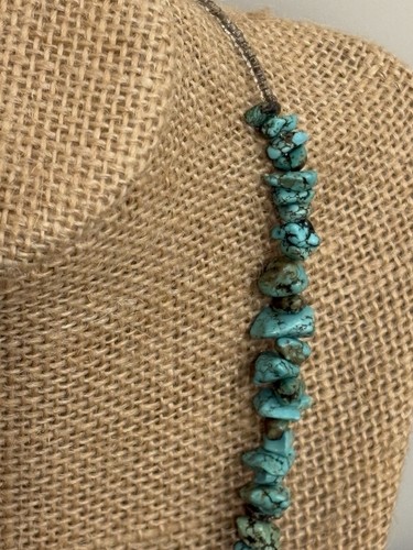 Chunky Turquoise Necklace Large Flat Stones Silver Hook Clasp Clear Glass Beads - Picture 6 of 12