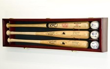 3 Baseball Bat Display Case Cherry & Black Wall Horizontal Wood Frame Cabinet