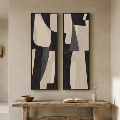 Long Narrow Framed Neutral Abstract Vertical Wall Art, Set of 2 Modern Canvas...