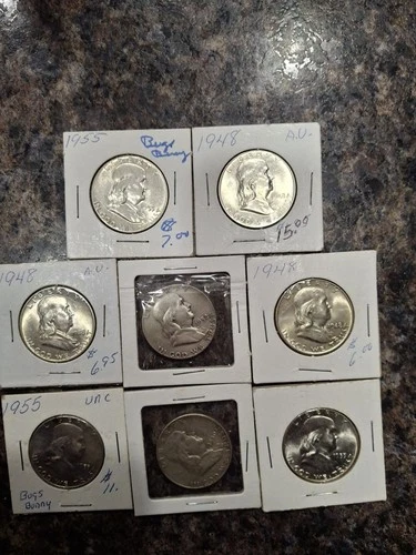 Benjamin Franklin Half Dollar  Lot of  8 Coins 90% Silver  Nice Coins! Some UNC