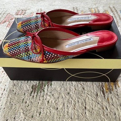 Authentic Manolo Blahnik Mules Red Logo Size 36 Slip-on shoes Women's Ribbon