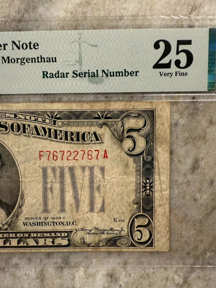 Radar Serial Number, 1928C $5 Legal Tender Fr#1528 Circulated Certified PMG VF25 - Image 4 of 4