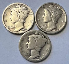 1923-P, 1929-S, 1931-S, SET OF 3 MERCURY DIMES, COINS SAME AS SHOWN IN PHOTO #29