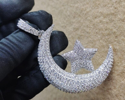 925 Sterling Silver Mens Customized Half Moon And Star Pendant Round Moissanite