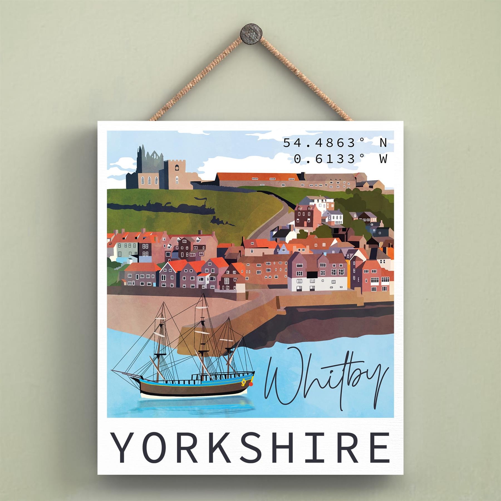 Whitby Seadise Town Landscape Illustration Wooden Plaque