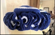 Beautiful Handmade Crochet Ruffle Beanie Size Large Hat. Blue And White.