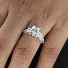 3CT Princess Cut DVVS1 Diamond 14k White Gold Finish Three Stone Engagement Ring