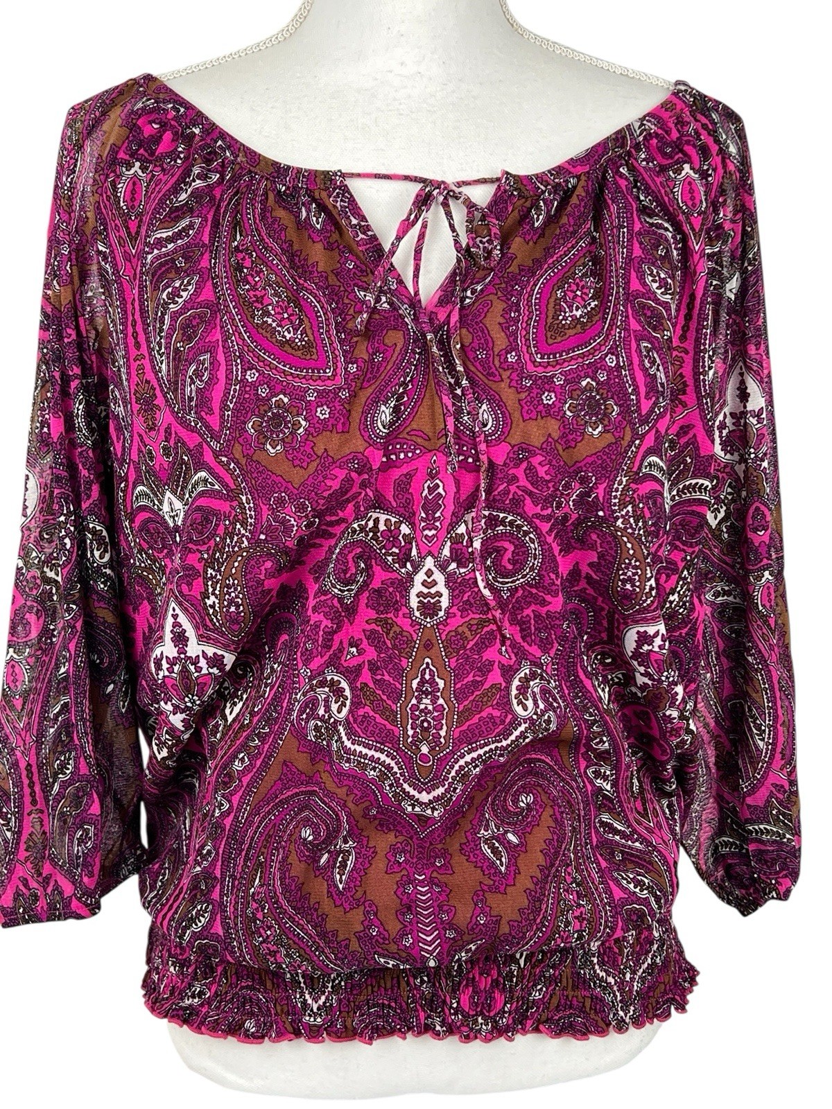 INC Top Woman Sz XL Pink Paisley Boho Elastic Waist Short Sleeve Nylon