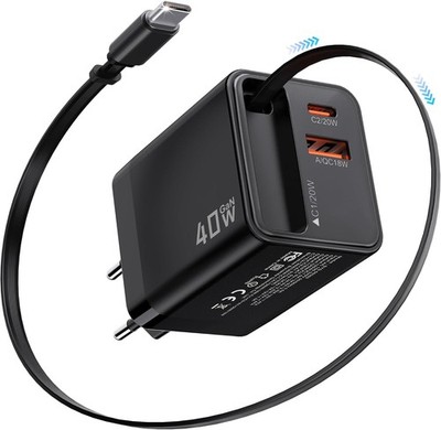 USB C Ladegerät 40W 3 Port Tragbar GaN Schnellladegerät mit Ladekabel Schwarz