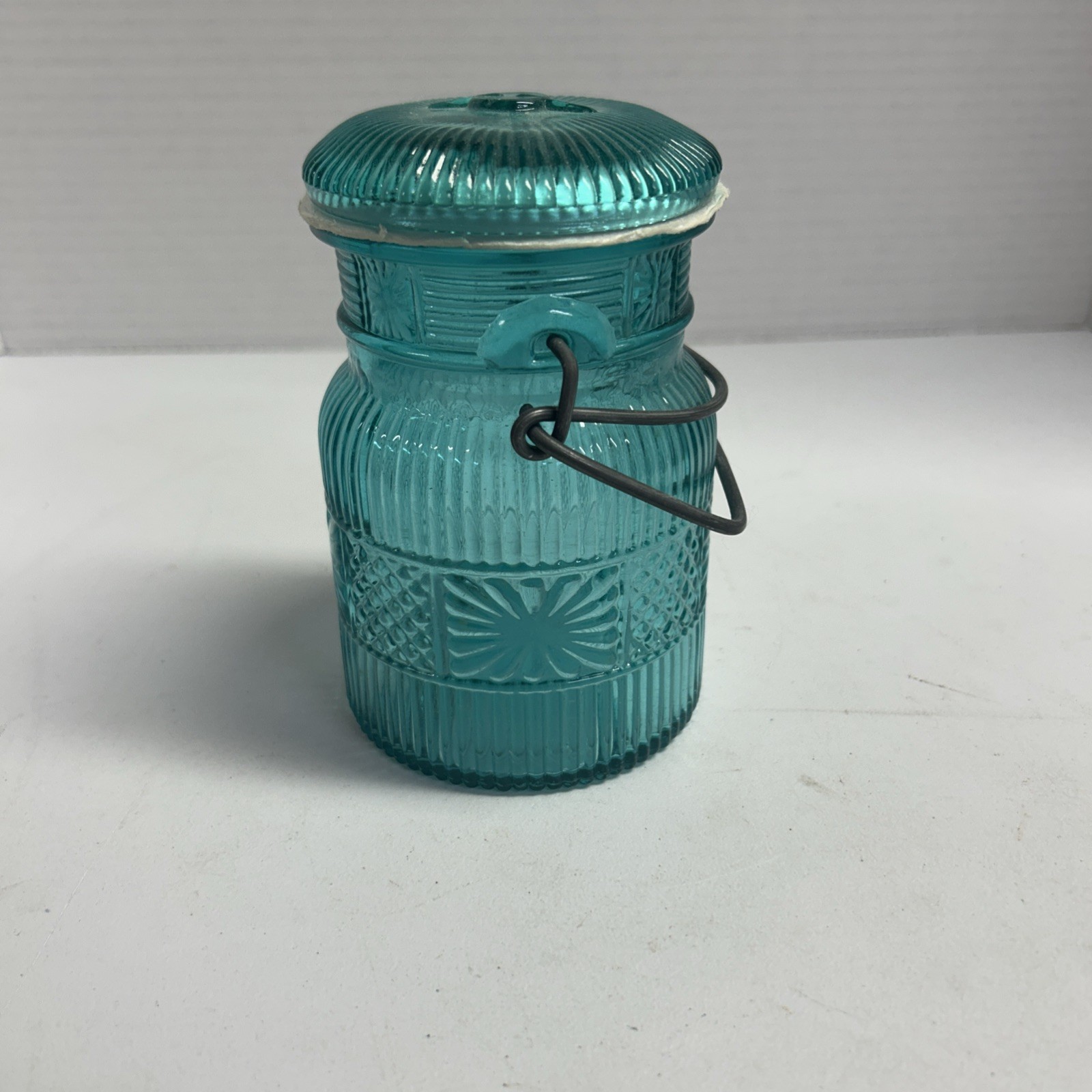 Vintage Avon Turquoise Cut Glass Jar Canister With Metal Hinged Lid