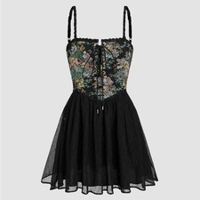Cider Floral Tapestry Corset Mini Dress Black Lace Up Chiffon XLARGE NEW