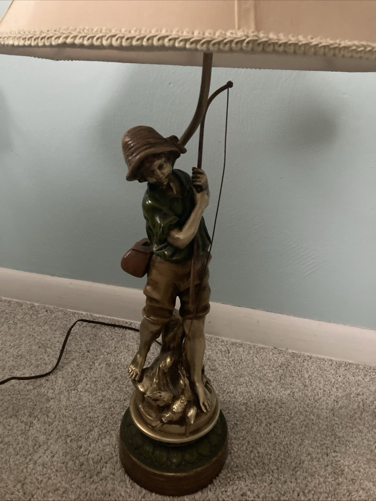 L F Moreau Boy With Fishing Pole - “The Duck Fisherman” 3-way Lamp - Nice Cond.