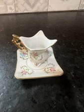 Small Teacup & Saucer Square Lip Tea Cup Japan gold plated Floral
