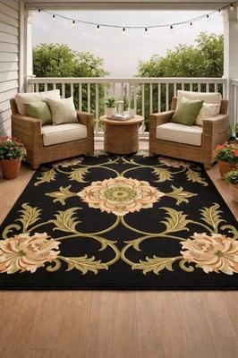 Hand-Tufted Wool Floral Rug, Black Base Botanical Medallion Carpet, Classic rug