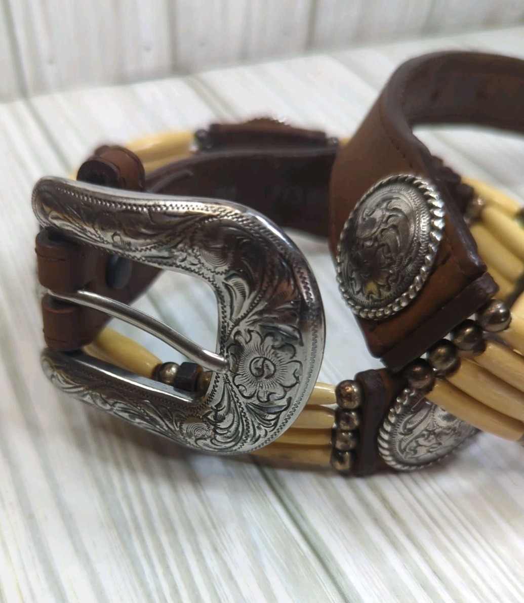 Vintage TONY LAMA 7159L Native Bone Bead Leather Silver  display picture 1