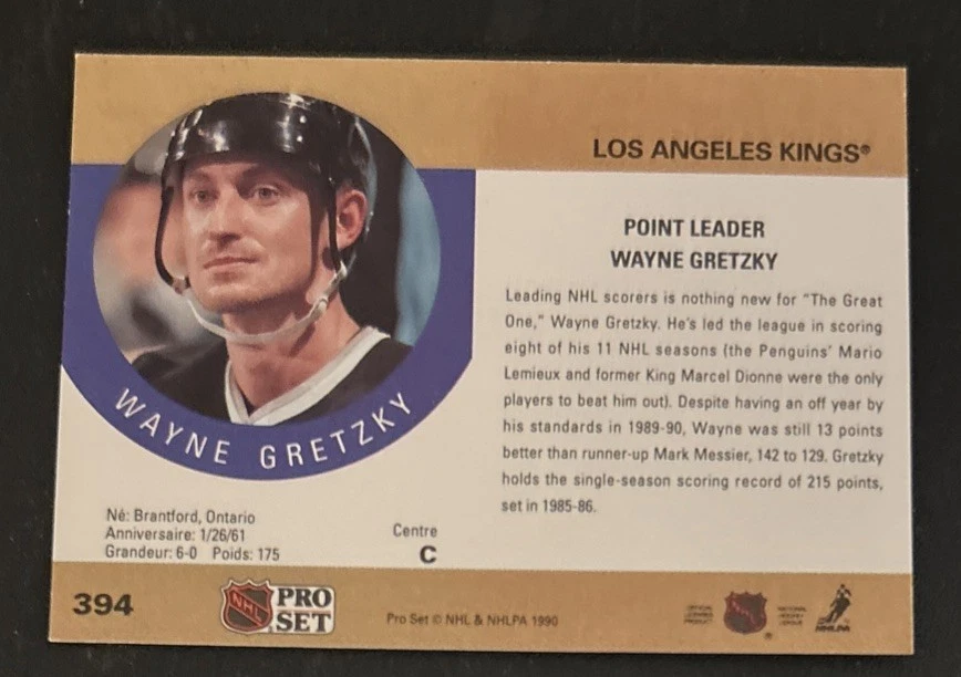 1990-91 NHL Pro Set Wayne Gretzky Point Leader Hockey Card #394 Kings HOF VG - Image 2 of 2