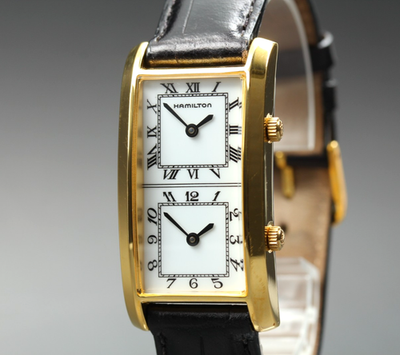 Vintage [N MINT] HAMILTON 6274 Traveler Dual Time Gold Tank Qz