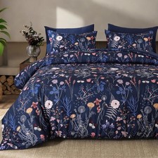 Queen Comforter Set, 7 Pieces Navy Blue Floral Soft Bedding Sets, Queen Bed i...