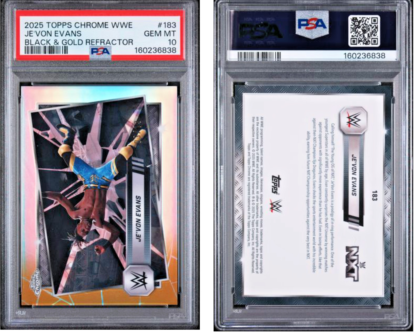Je'Von Evans 2025 Topps Chrome WWE #183 Black & Gold Refractor 3/13 PSA 10 Gem view 4