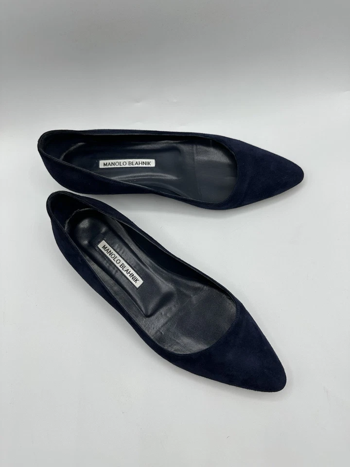 Mujer Diseñador Manolo Blahnik Azul Marino Gamuza Gelista Ballet Plano Talla 37 EE. UU. 7 Foto 2 de 4