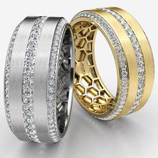 Matte Finish 3 Row Round Diamond Eternity Men's Wedding Band Gold 1.70 Ctw.