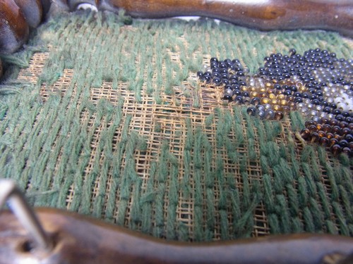 Key Rack Fabric with Glass Pearls and Turned Wood Antique German #M - Picture 10 of 12