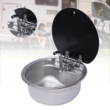 RV Caravan Camper Hand Wash Basin Kitchen Sink 304 Stainless Steel w/ Lid&Faucet
